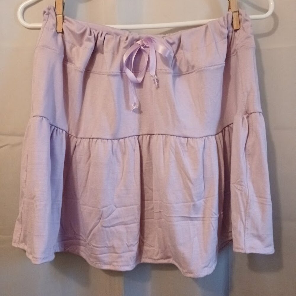 New Tiered Mini Skirt M 8/10 Lavender Drawstring waist Ribbon and beads Stretch